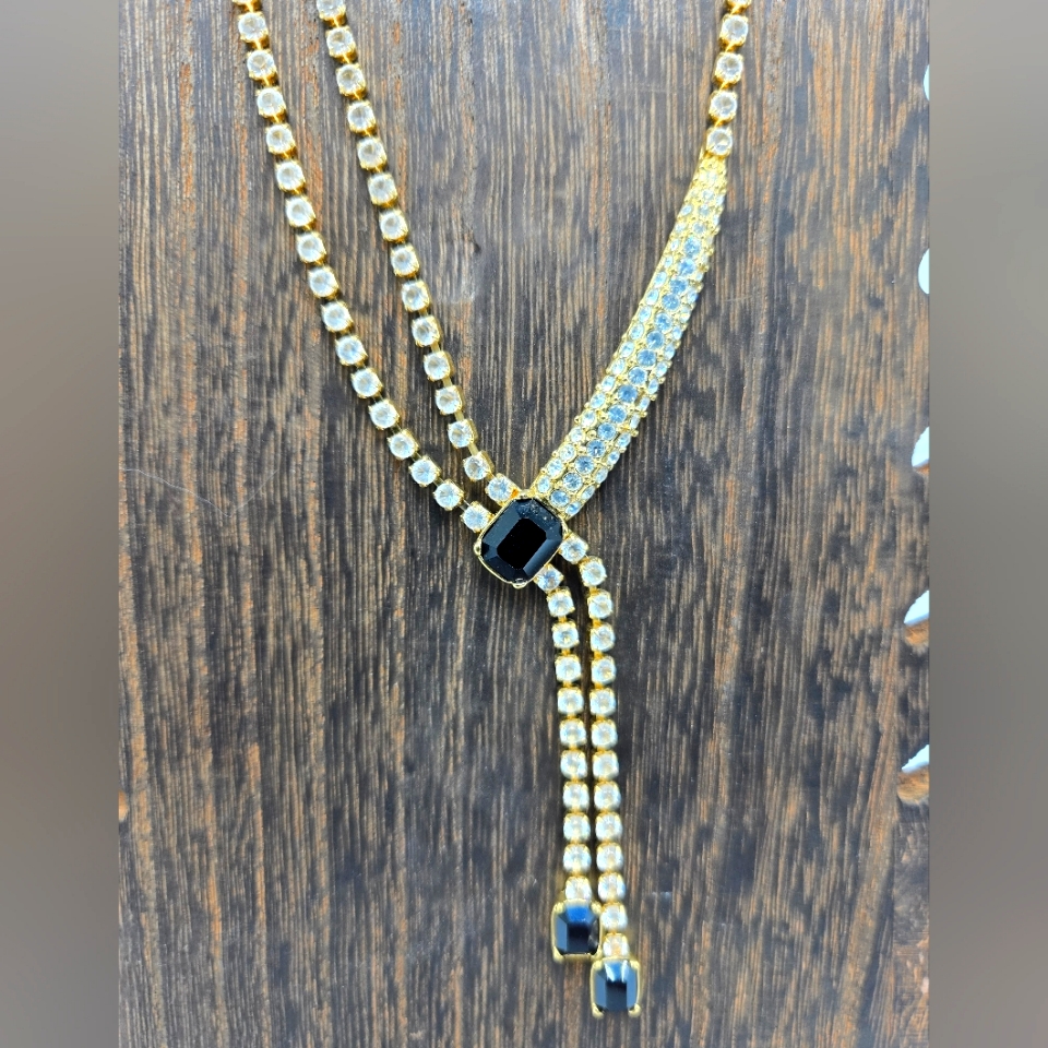 90s Rhinestone Clear Black Necklace Drop Gold Tone Formal Prom Statement Vtg 20$
